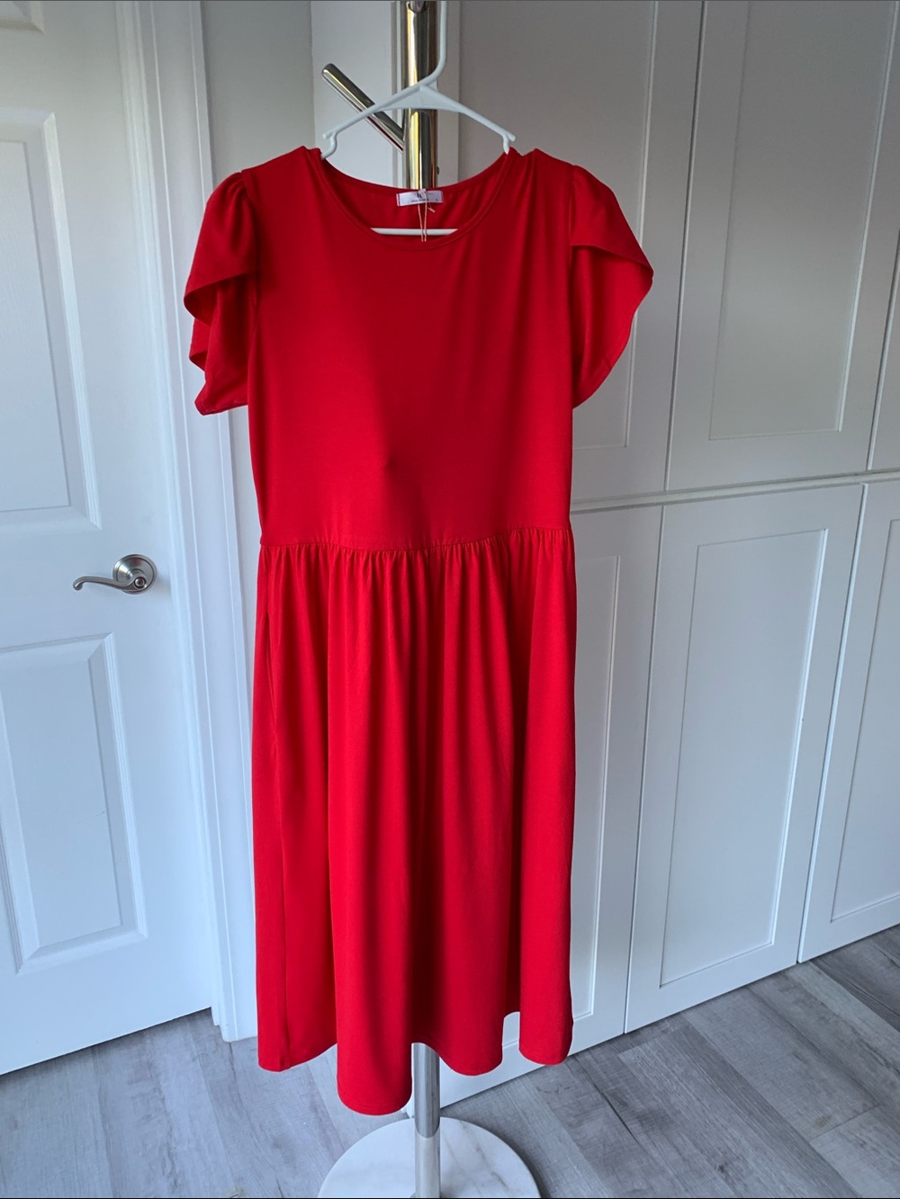 Women’s Red Midi Dress with Flutter Short Sleeves, Size S.